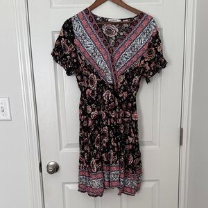 Chic Bohemian Black and Pink Mini Dress